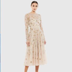 NEW sz 6 Mac Duggal Beige Beaded Illusion High Neck Long Sleeve A Line Dress